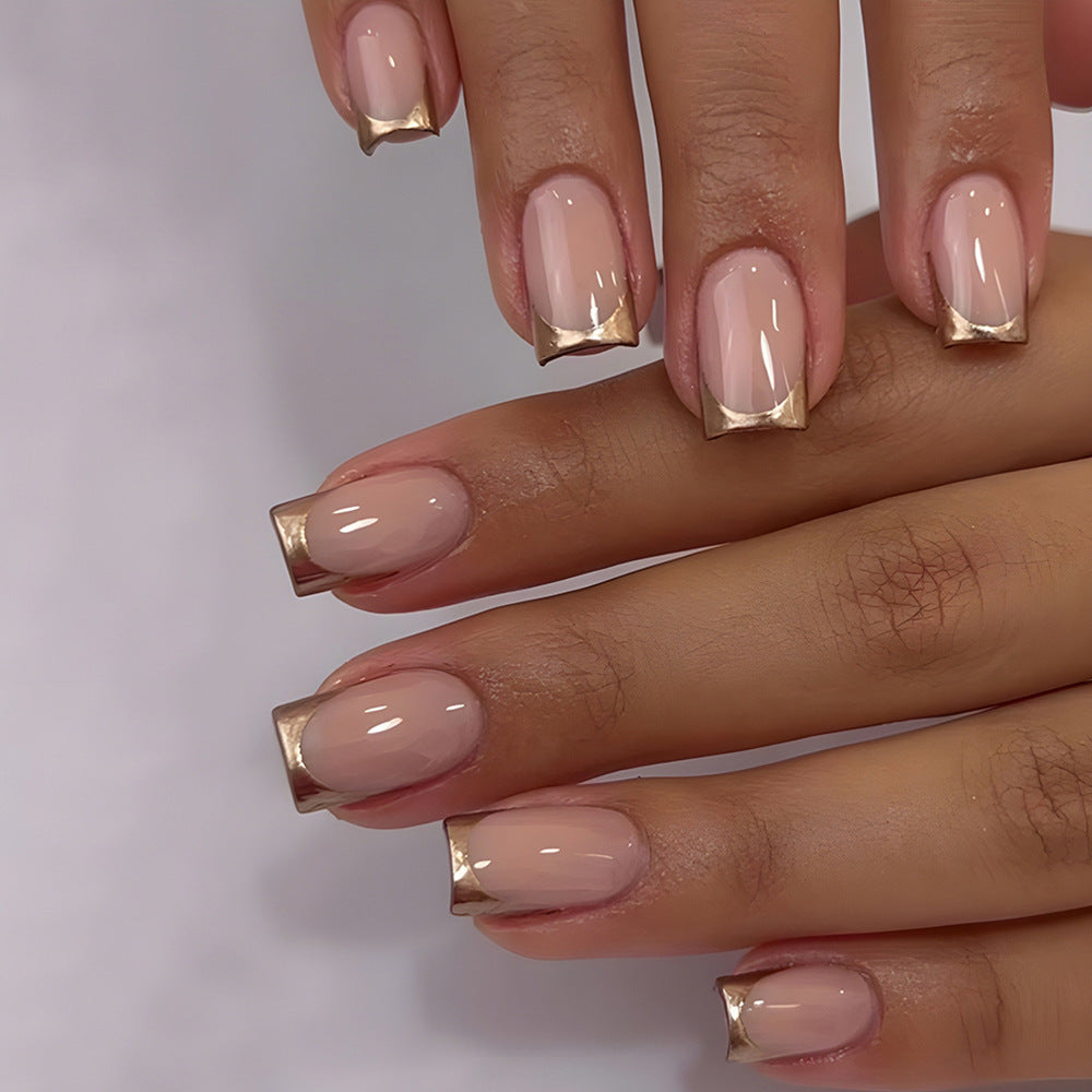 Simple Golden Trim French Nail Tips, long-lasting & reusable Press Ons